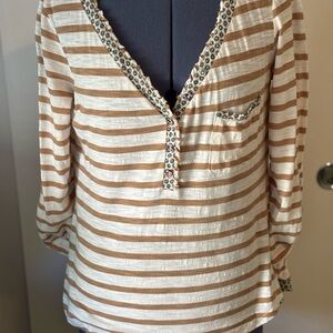 ANTHROPOLOGY Striped Cream and Tan Women's V-Neck Top with Embellished Trim